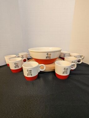1940s Universal Pottery Cambridge Gold Trim Tom And Jerry Punch Bowl Set 8 Mugs